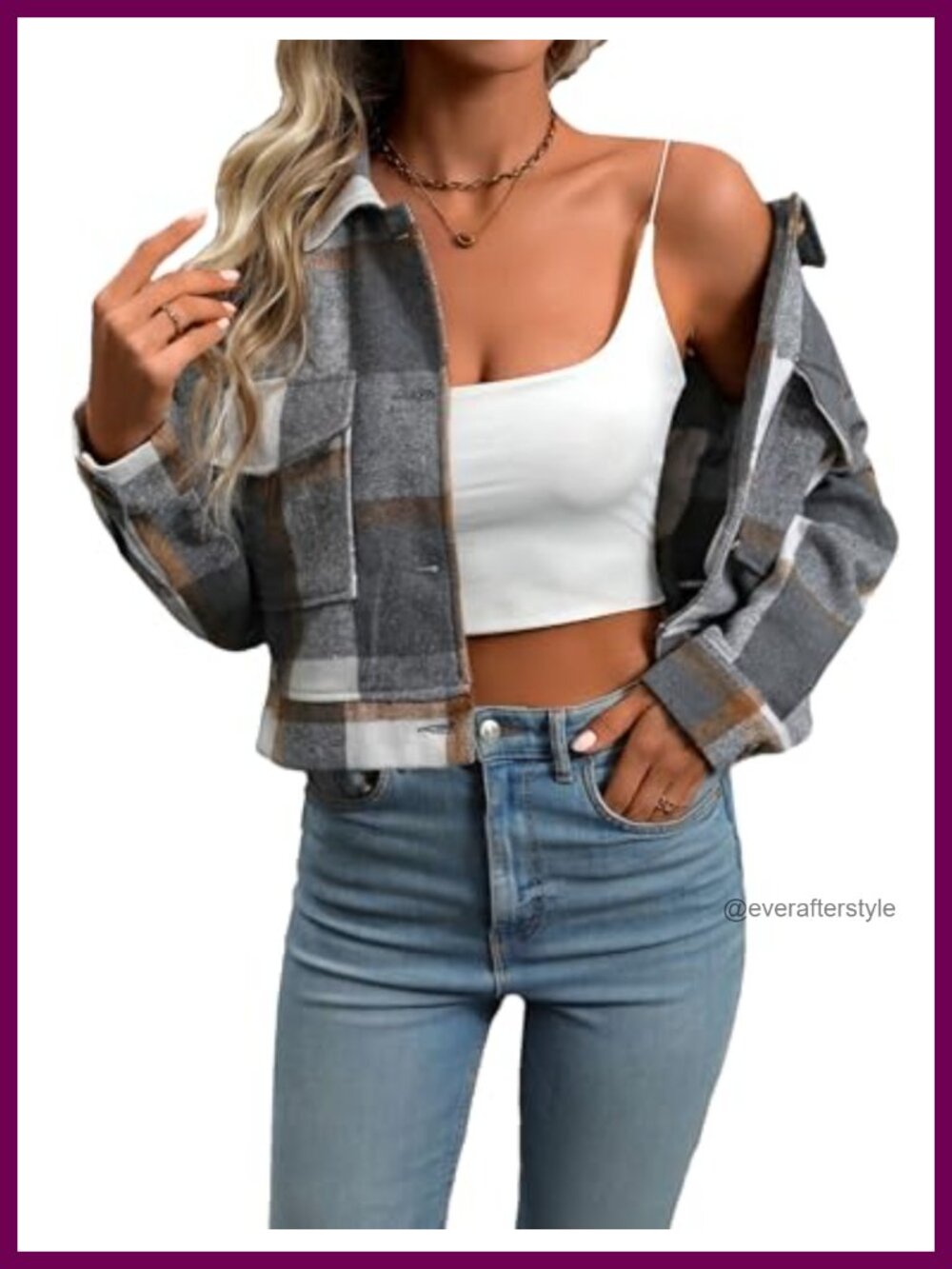 Cropped Plaid Shacket Button Down Flannel Jacket Loose Fit Fall Outerwear